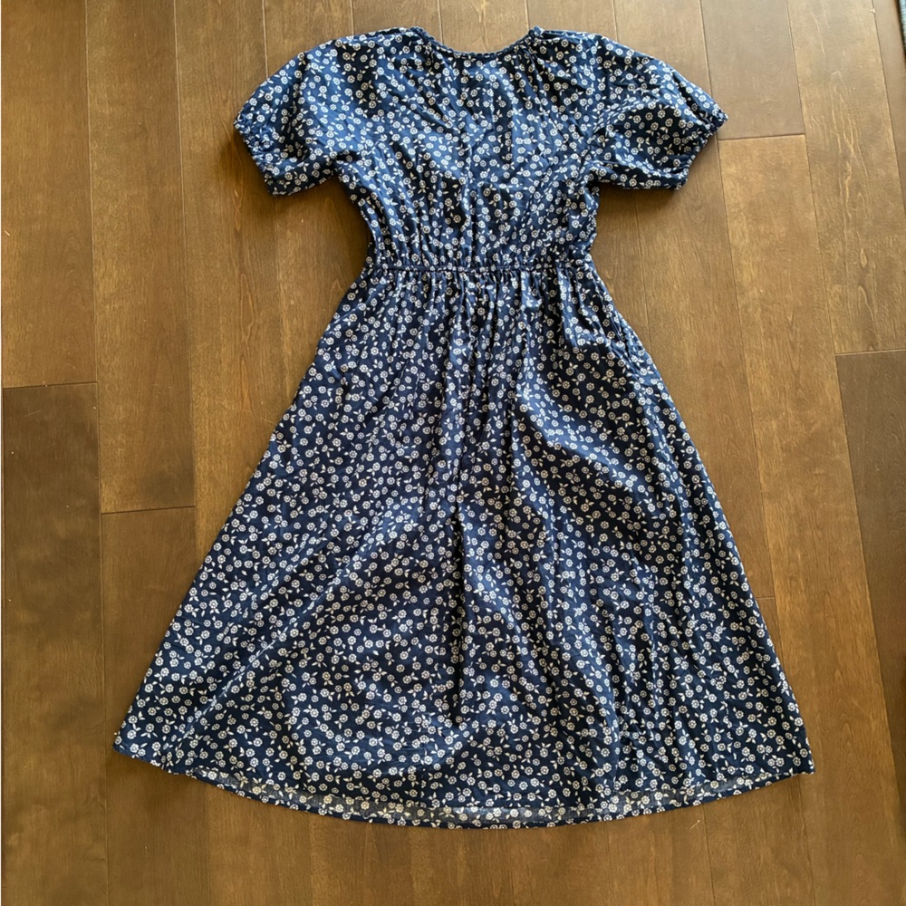 J. Crew Navy Midi Floral Dress Scallop Neckline - Picture 4 of 6